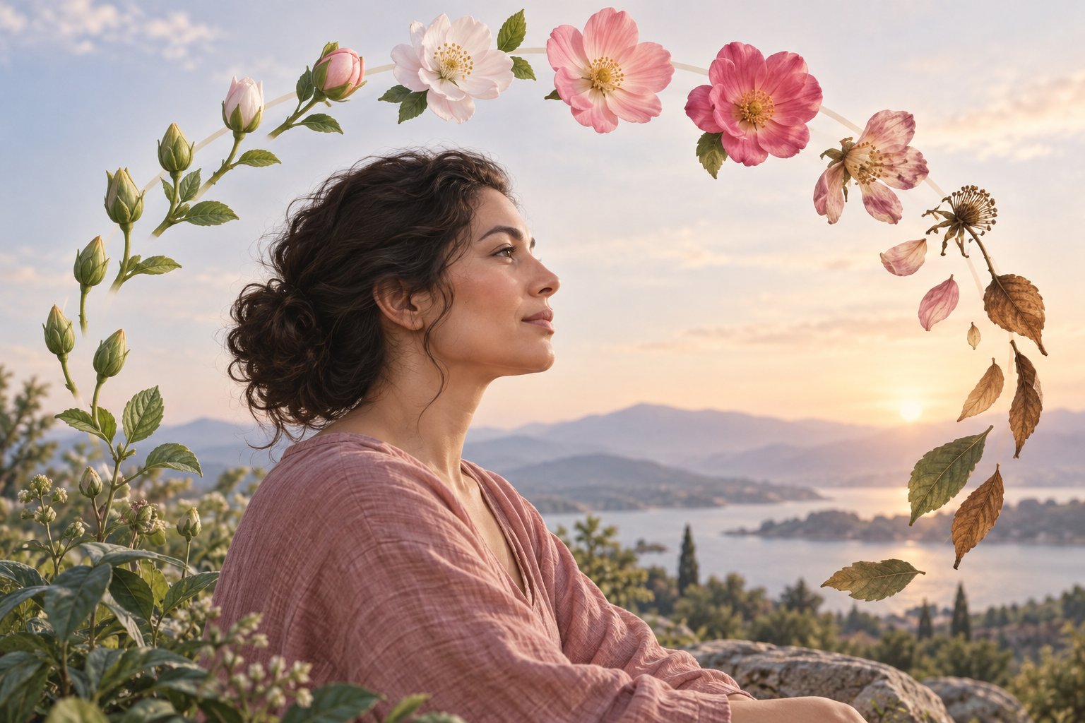 A woman beside a circular progression of buds, flowers and resting leaves representing change across several weeks