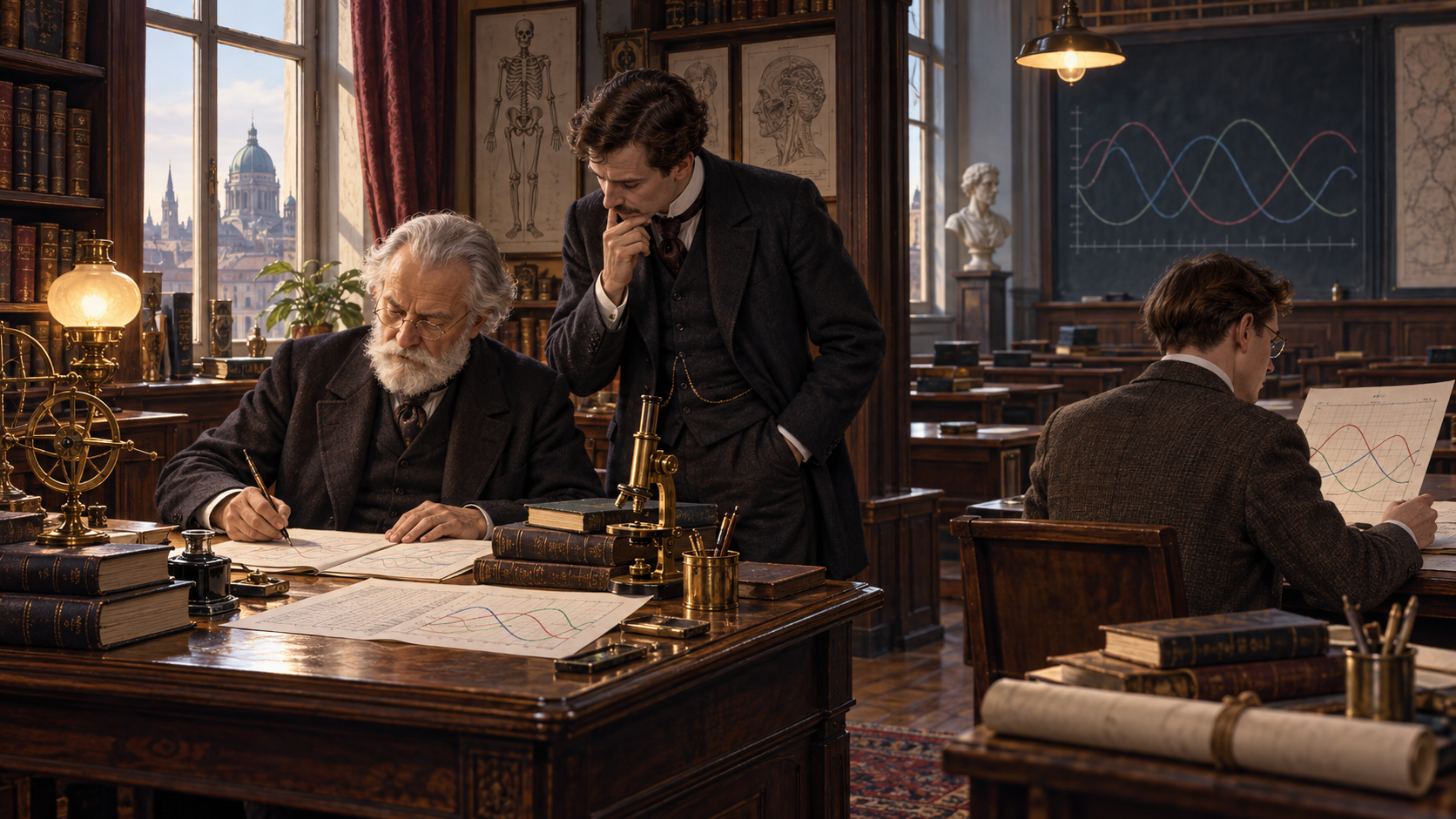 Editorial illustration of late nineteenth-century researchers studying calendars and wave charts