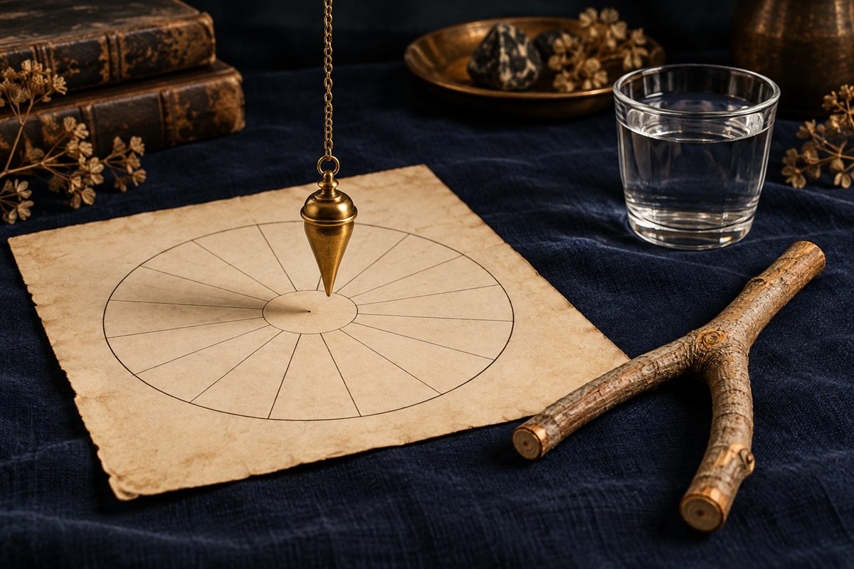 A brass pendulum above a circular chart beside a forked wooden dowsing rod and a glass of water