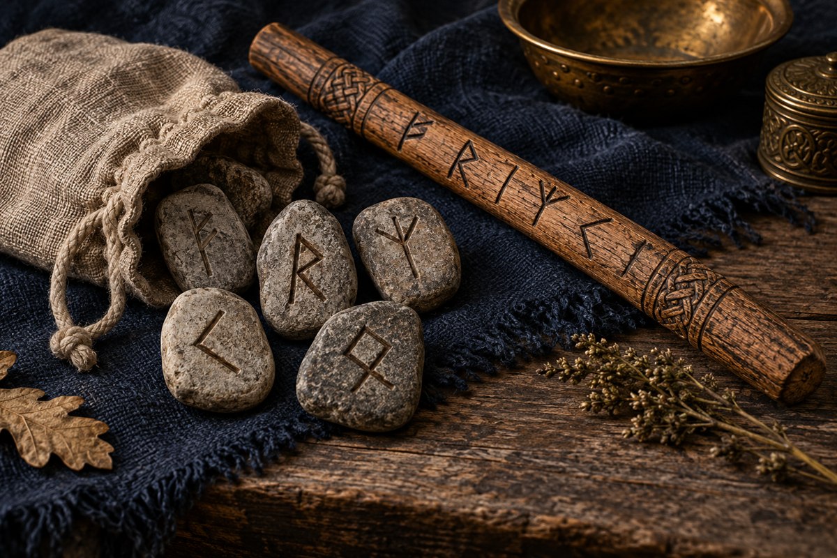 Carved rune stones, a wooden rune stave and a linen pouch on a dark cloth