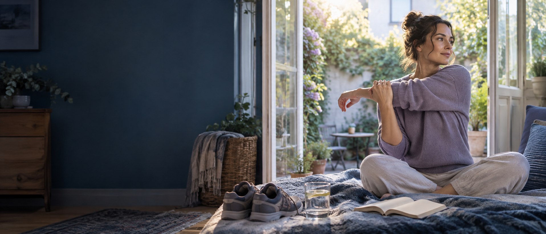 A woman gently stretching beside an open window, with walking shoes, water and a notebook nearby