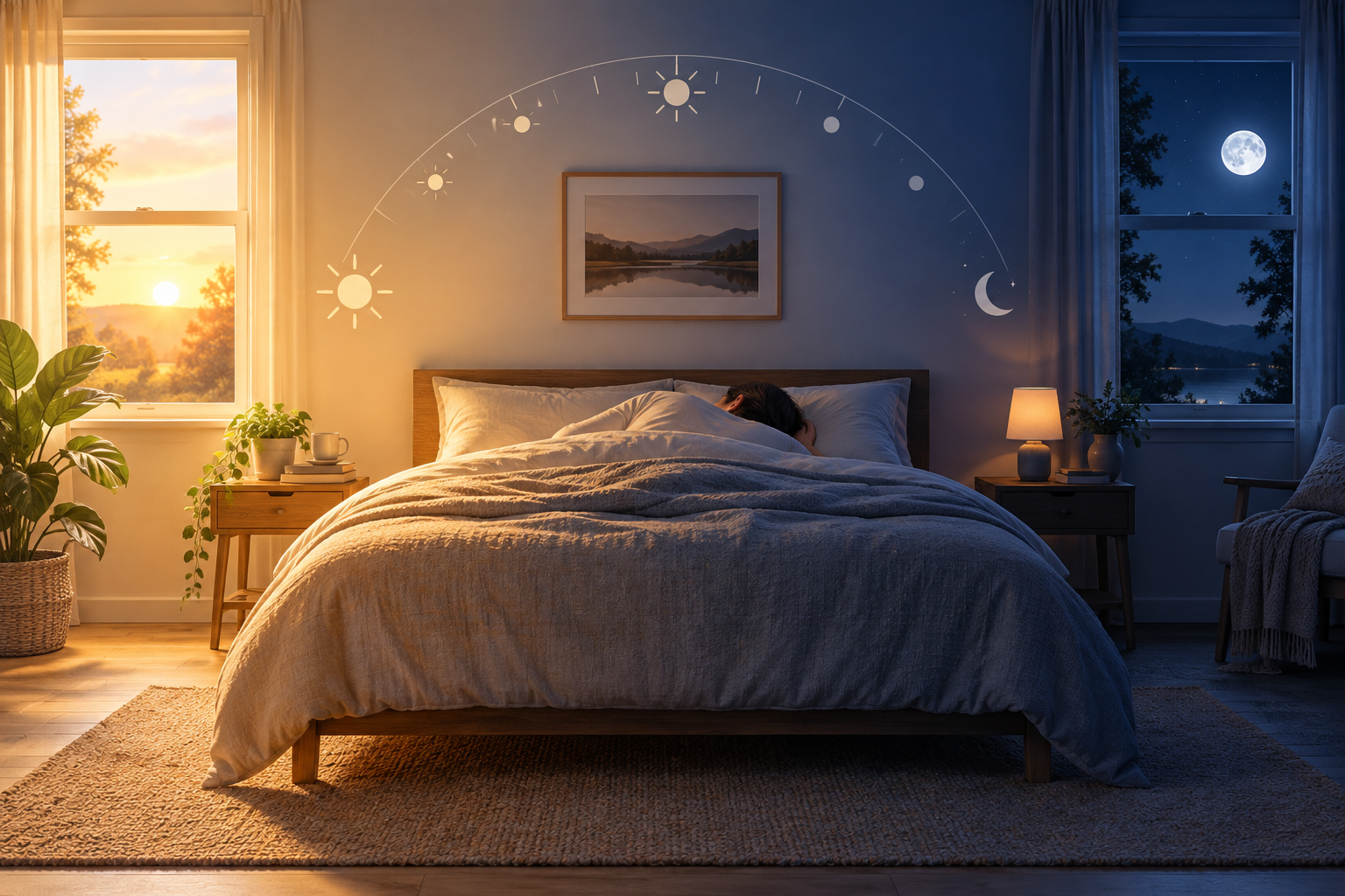 The same bedroom shown at morning and night, connected by a 24-hour body-clock arc