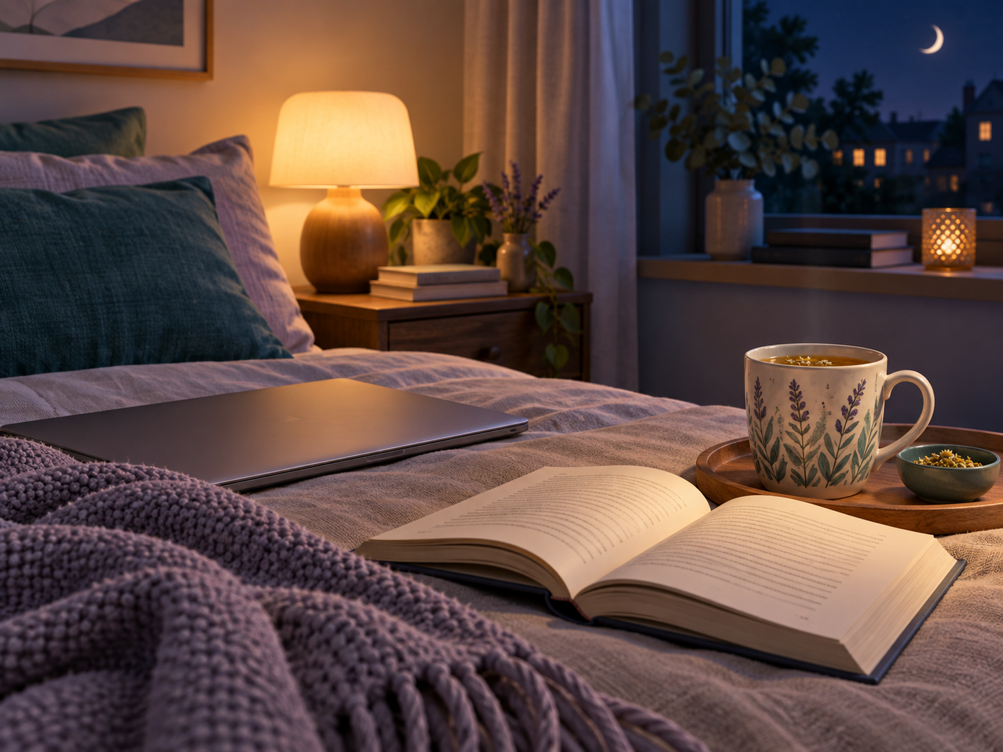 A book, herbal tea and dim bedside lamp prepared for a calm evening